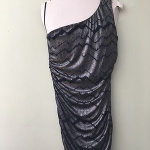 Silver and navy blue off the shoulder dress